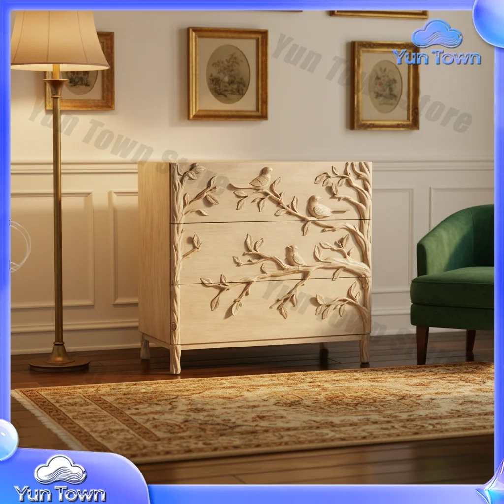 Bohemian 3-Drawer Solid Wood Eco-Friendly Modular Dresser for Rustic Side Cabinet Handmade Floral Relief Locker for Antique