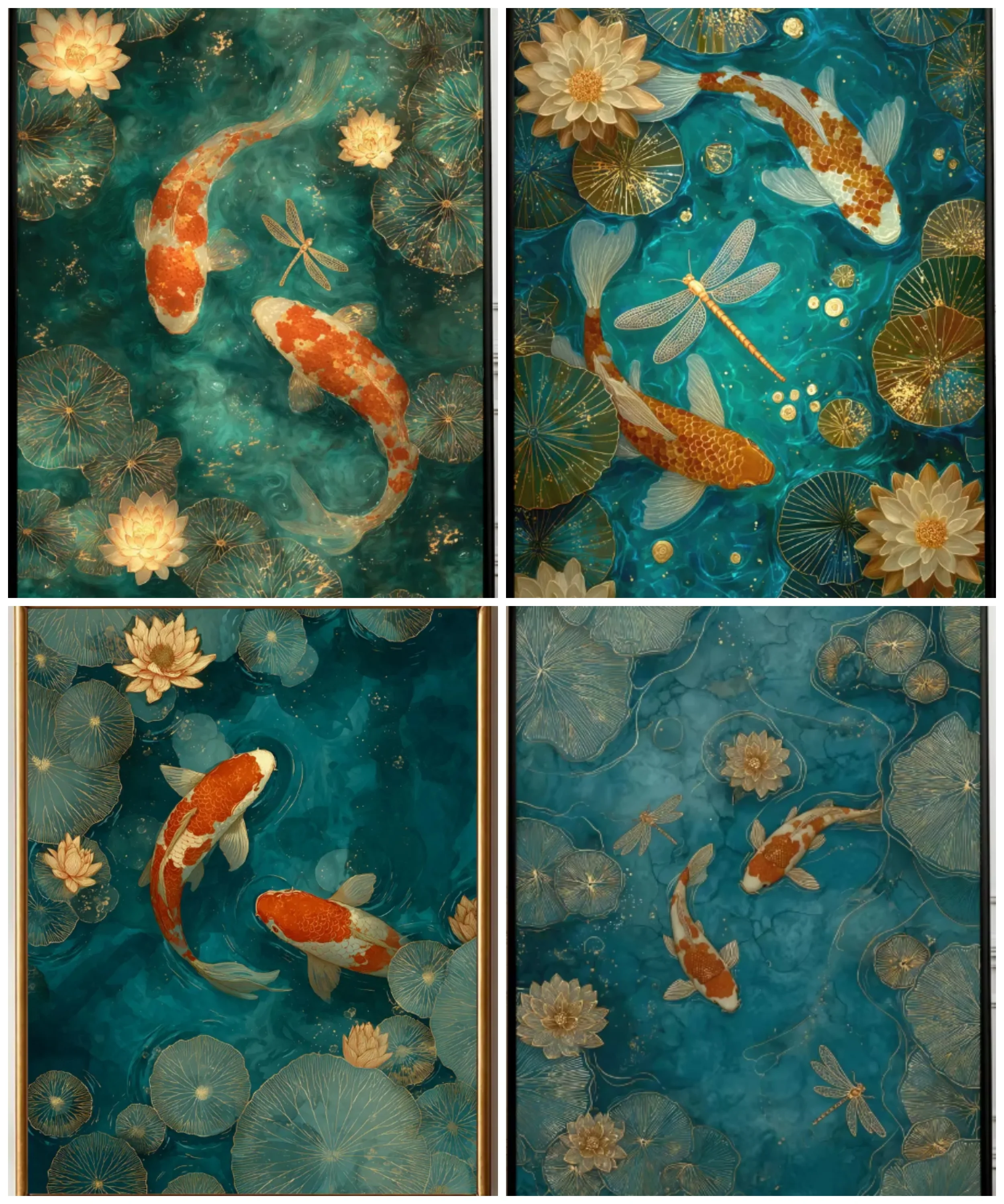 Arte de Parede Elegante com Peixes Koi – Decoração de Lago Verde Esmeralda, Pintura Zen Asiática, Lótus Dourado, Libélulas, Impressão Japonesa Serena, Digital