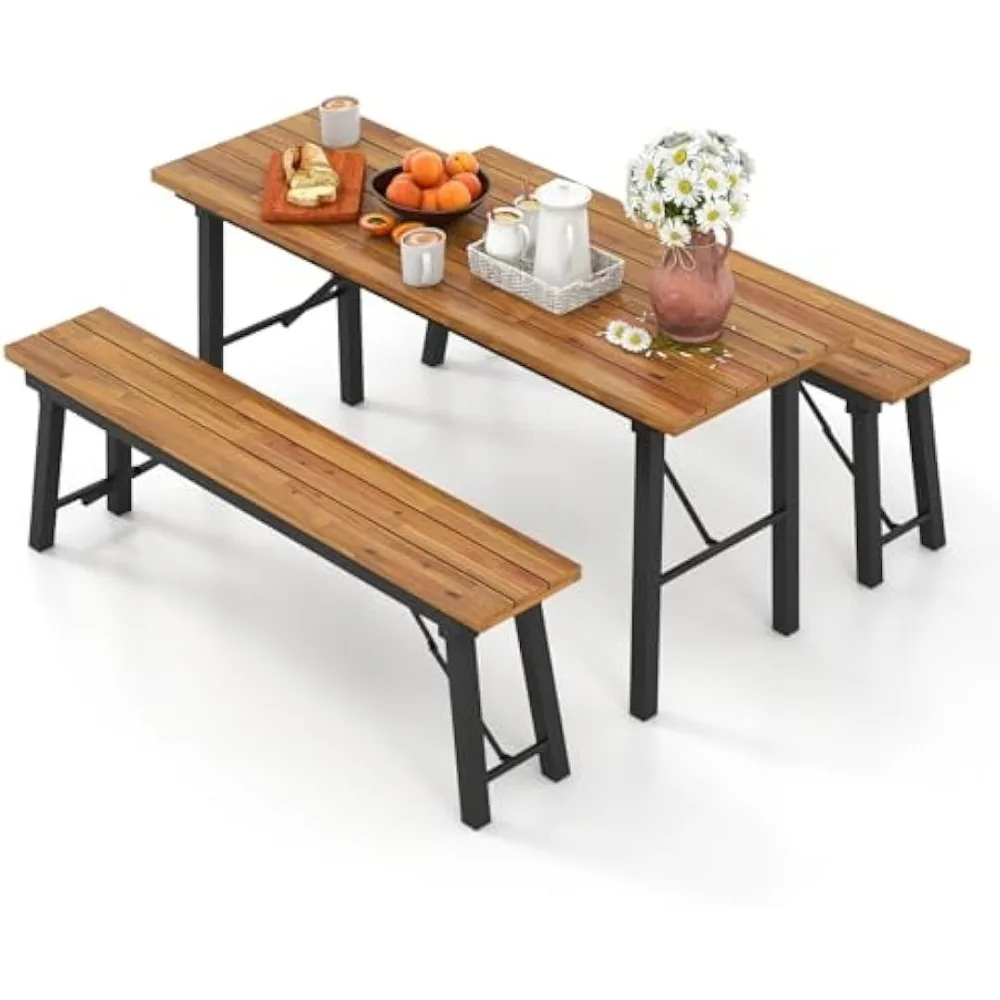 

Folding Picnic Table Bench Set, Acacia Wood Dining Table Bench w/Metal Frame, Portable Camping BBQ Table Bench, Rectangular Din