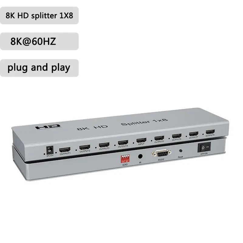 

8K 60Hz 1x8 Splitter for HDMI-compatible 1 In 8 Out Audio Video Converter With EDID downscaling for DVD PS4 Camera PC HDTV