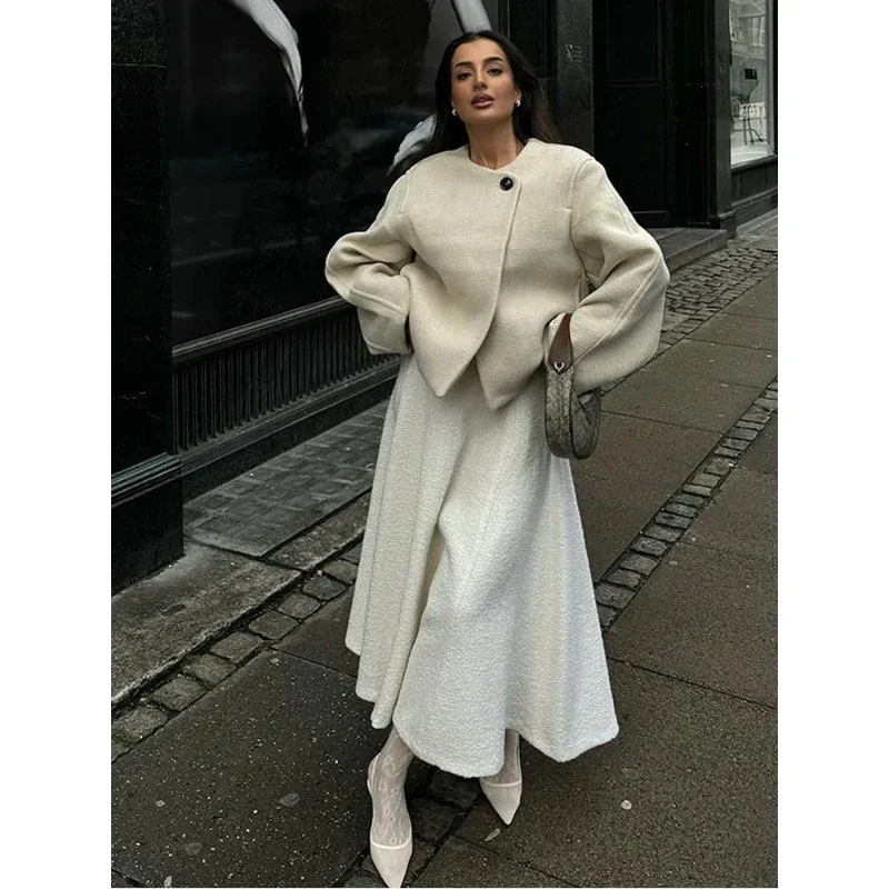 Fashion Women Solid Round Neck Short Coat Elegant Full Sleeve One Button Loose Women's Jacket Fall Winter Daily Wear