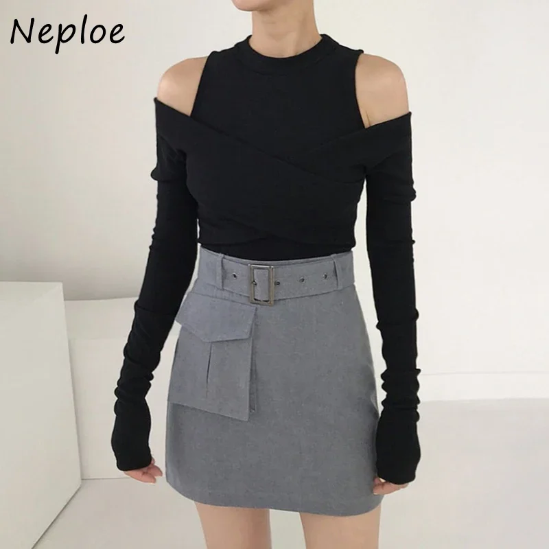 Neploe Tính Khí Cổ Tròn Áo Sơ Mi Nữ Chéo Sexy Ngoài Vai Spliced Thiết Kế Mỏng Nữ Teen Tay Dài Đáy Áo Thun