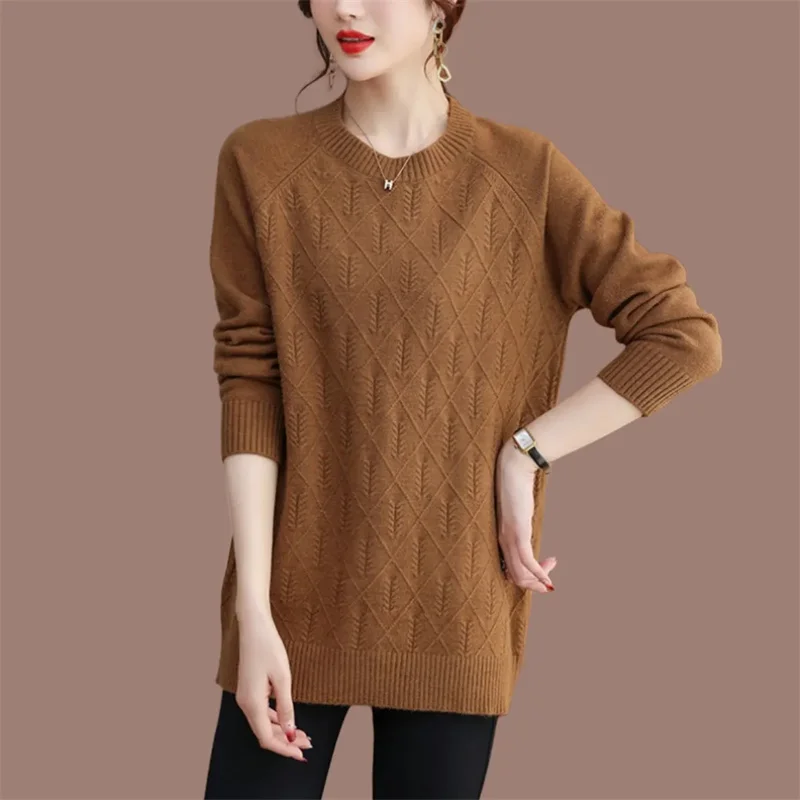 Spring Autumn Casual Sweater Shirt 2024 New Round Collar Loose Women's Clothes Pullover TOP Solid Colour Fashion Knitwear Female