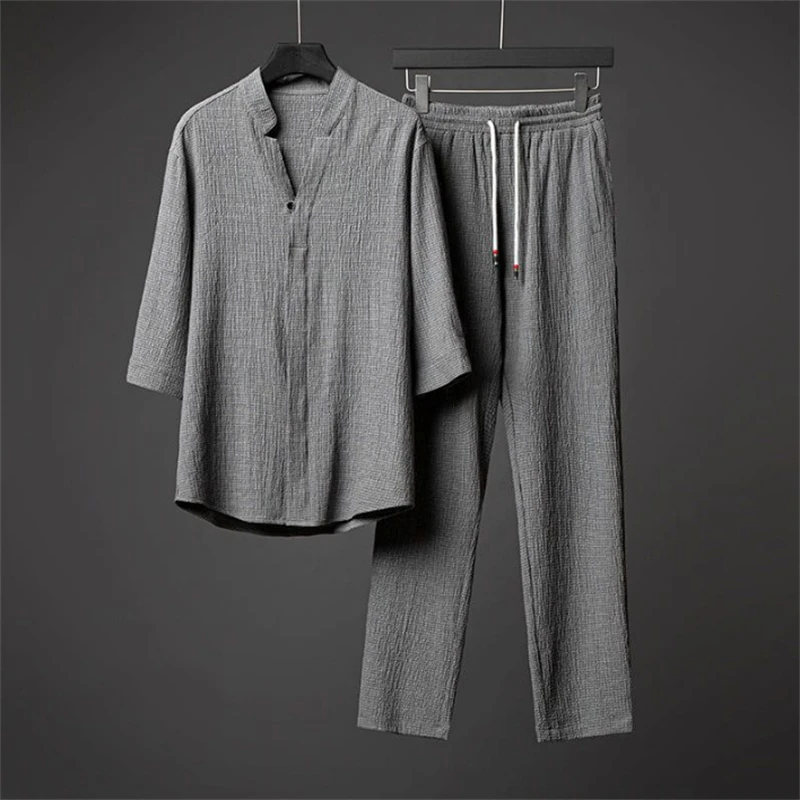 Ice Silk Linen Men\'s Set Spring Summer 2023 Loose Pullover Tops and Elastic Waist Trousers Sport Suits Men Two Piece Sets