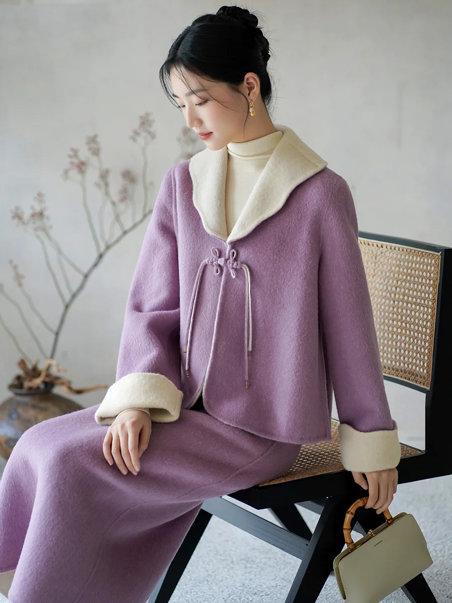 

Женская шерстяная двусторонняя твидовая юбка Jaet ort Sle, зимняя новая китайская национальная юбка Sle f, модный комплект Hanfu