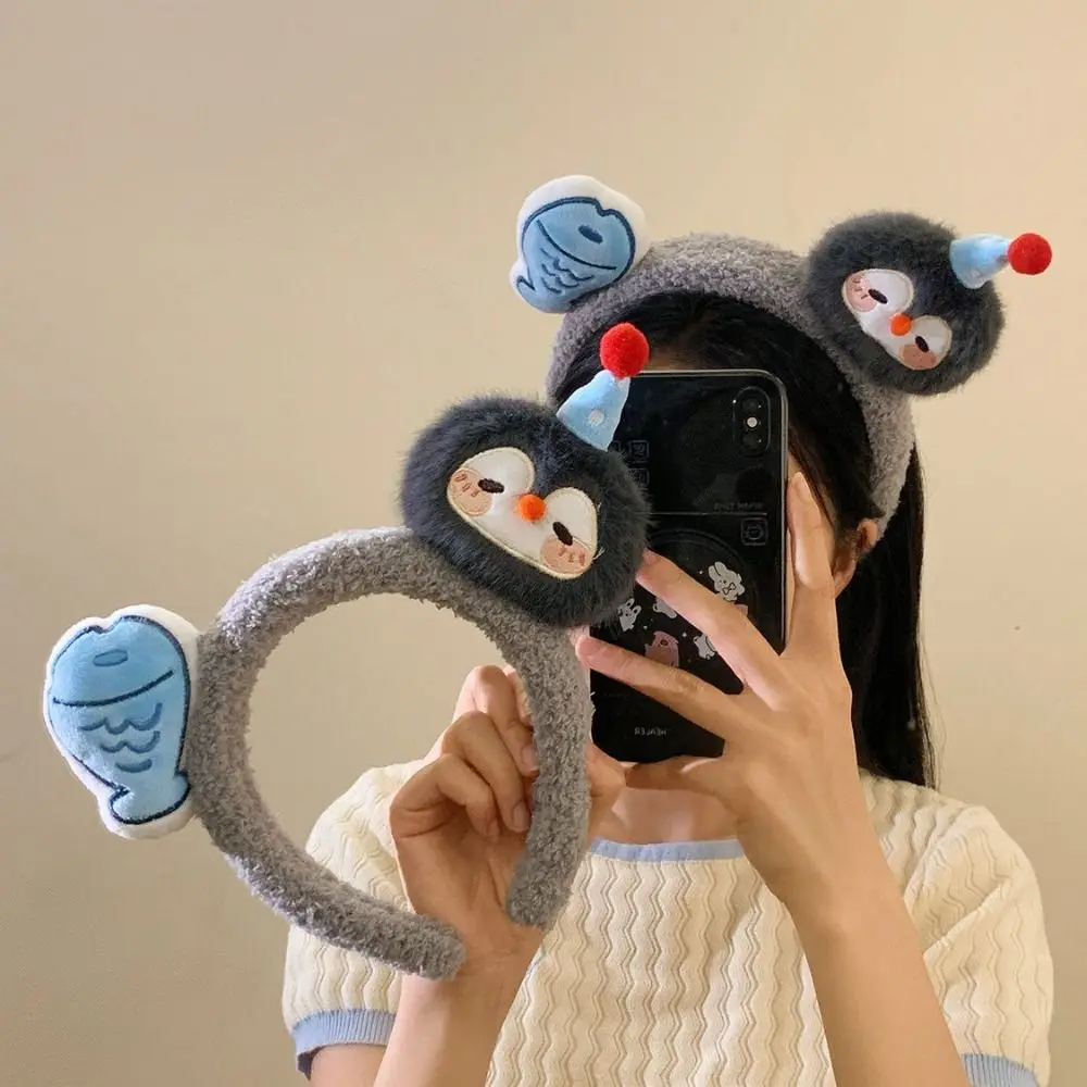 Banda para el cabello de pingüino de pez azul de dibujos animados, dulce y lindo, de felpa, para lavar la cara, atar el cabello, aplicar máscara, diadema, accesorios para el cabello Kawaii para niña