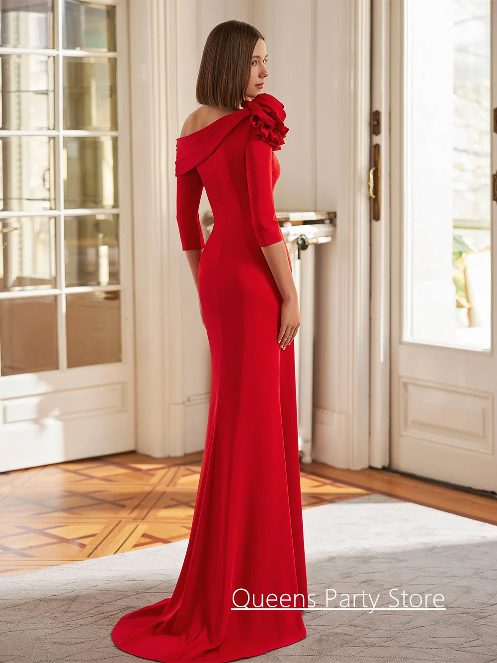 Red Mermaid Mother of The Bride Dress Customized Flower 3/4 Sleeves Sweep Train Godmom Evening Dresses Wedding Guest Gown