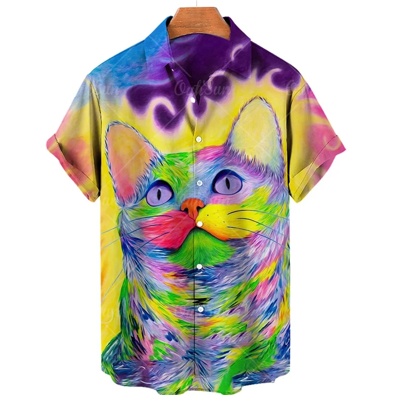 

Full Print Cartoon Cat Pattern Hawaiian Shirt Summer Short Sleeve Casual Lapel Beach Shirt For Men New In Men's Holiday Shirts