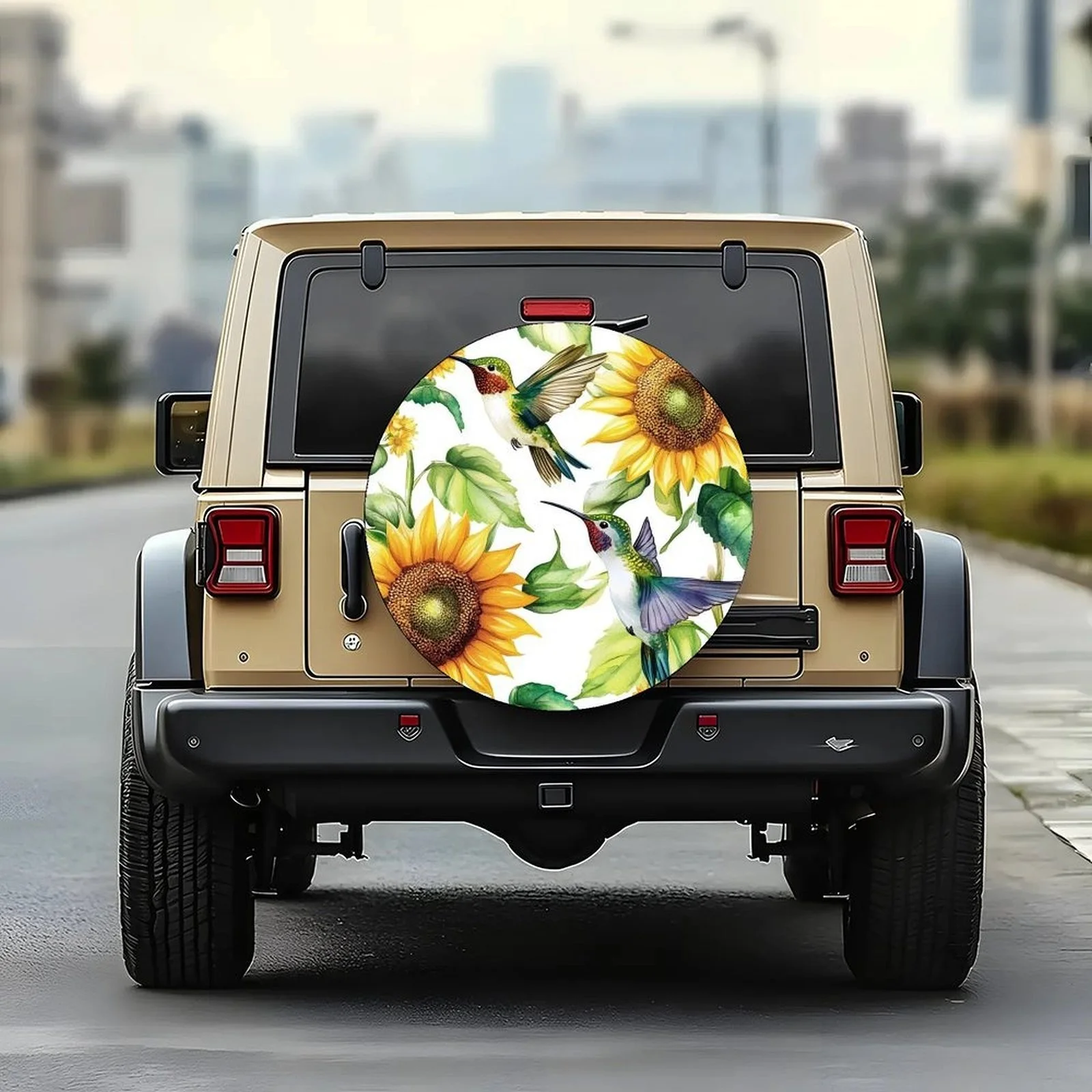 Single Piece Tire Cover Featuring Hummingbirds And Sunflowers, Stylish Universal Fit For Wheel Protection, Compatible With Most