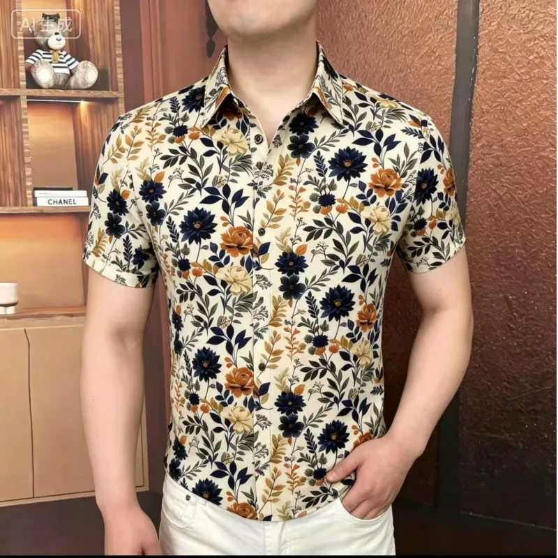 2026 Summer New Style Men's Printed Silk Short-Sleeved Lightweight Shirt - Cool and Stylish, Breathable, Soft and Loose-Fitting