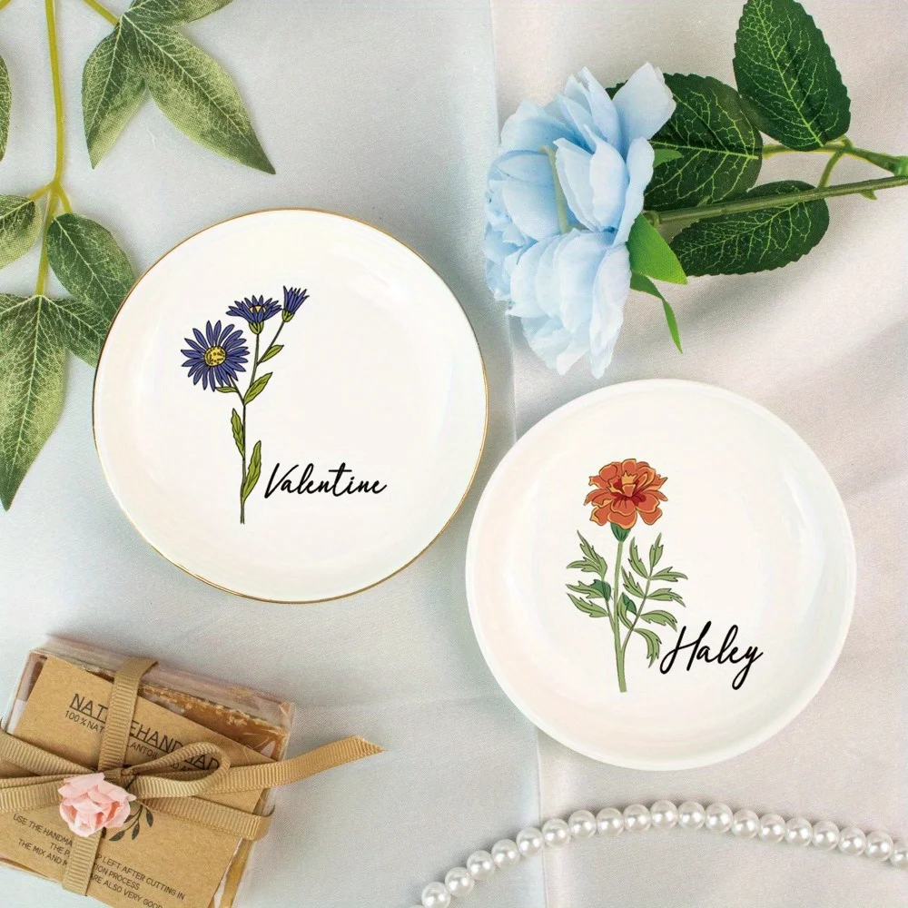 2026 New Personalized Birth Flower Ceramic Jewelry Dish Custom Name Trinket Ring Tray Bridesmaid Gift Wedding Home Decor.