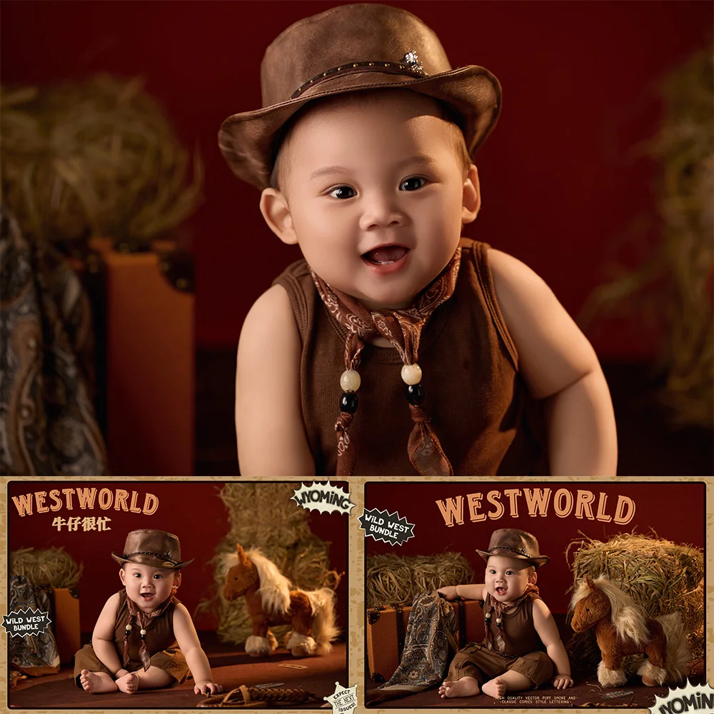 100 Days Baby Western Cowboy Theme Photography Props Cool Wild West Style Costume Plush Horse Vintage Props for Studio Shooting