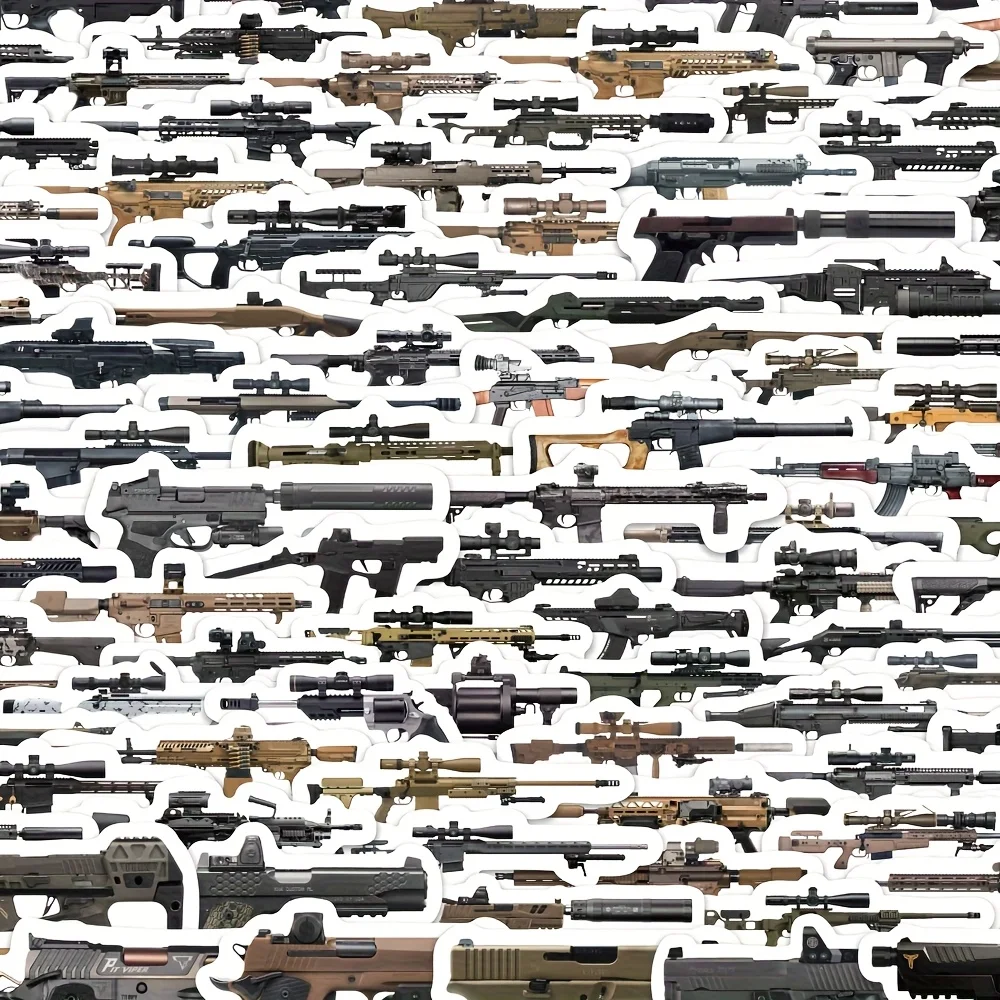 100 pegatinas de armas de fuego de varios países - rifles, rifles de francotirador, AWM, AK47, M4, imágenes de referencia de armas de fuego c
