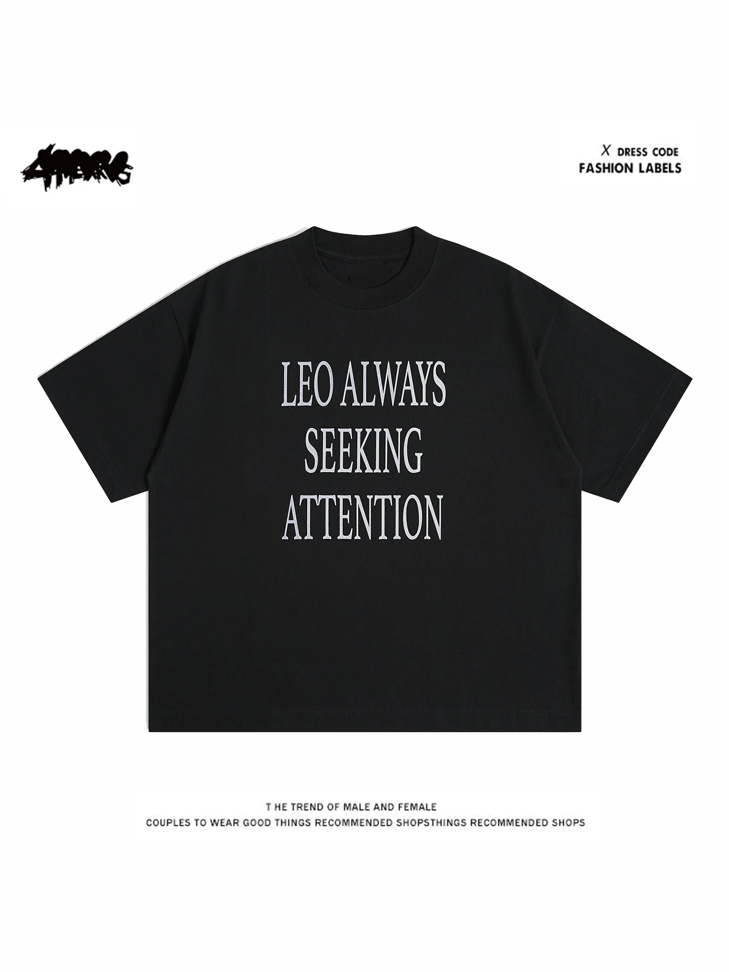 

Heavyweight 260g Pure Cotton American Sle ort Sve T-irt 4HEARTS LEO SEEKING ATTENTION Casual round Ne Top