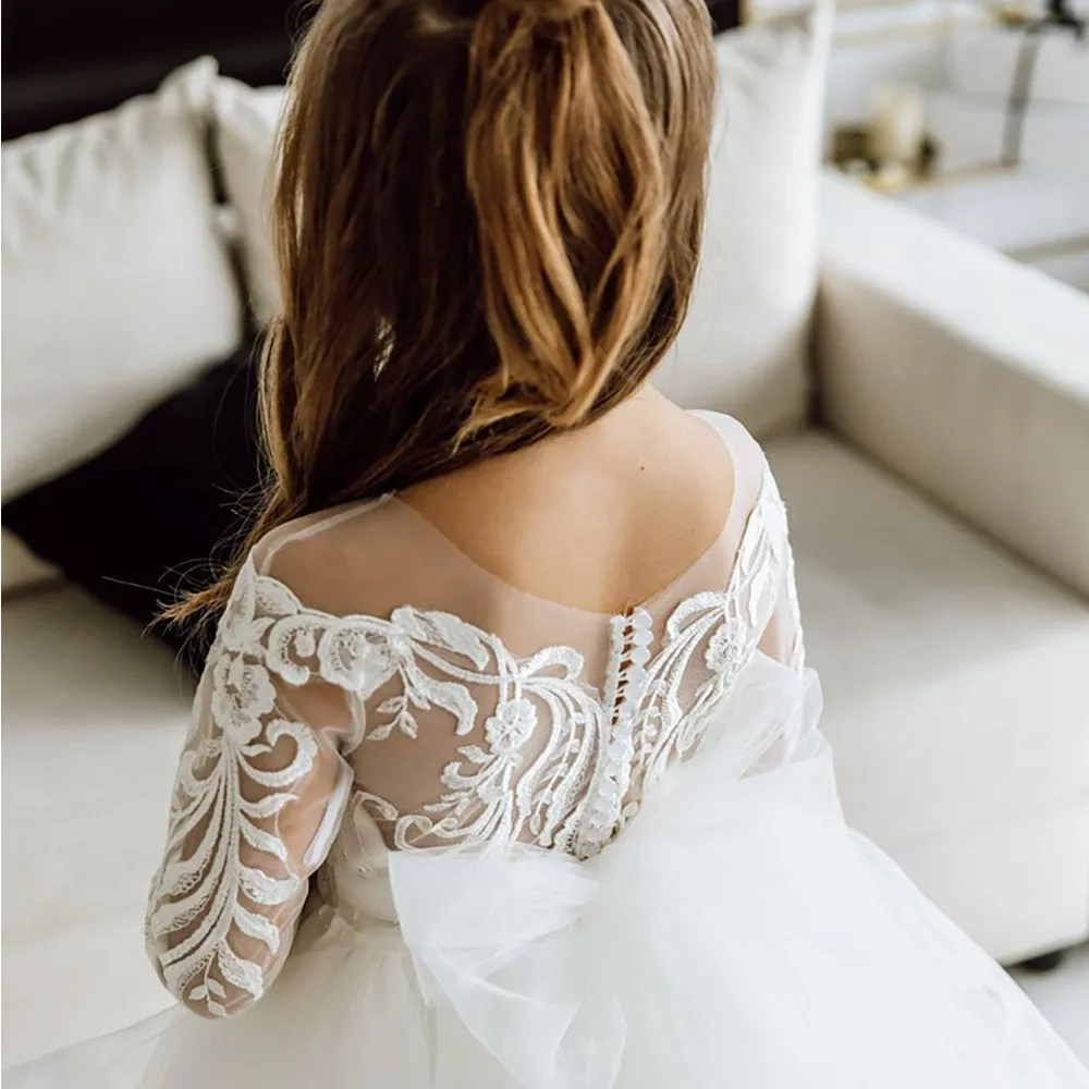 Langarm süße Mädchen Hochzeits kleid Spitze Tüll Blumen mädchen Prinzessin Hochzeits feier Kleid Ballkleid Junior Brautjungfer Mädchen Kleid