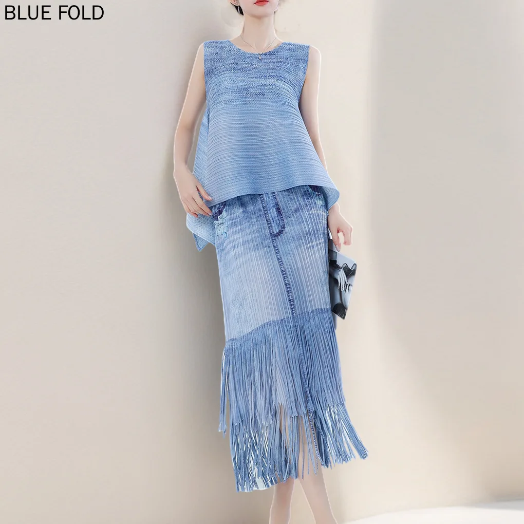 

MIYAKE PLEATS Denim Suit for Women, Irregular Loose T-shirt Top, Tassel Wrap Hip Skirt, Summer Clothes, New, 2 Pcs Set