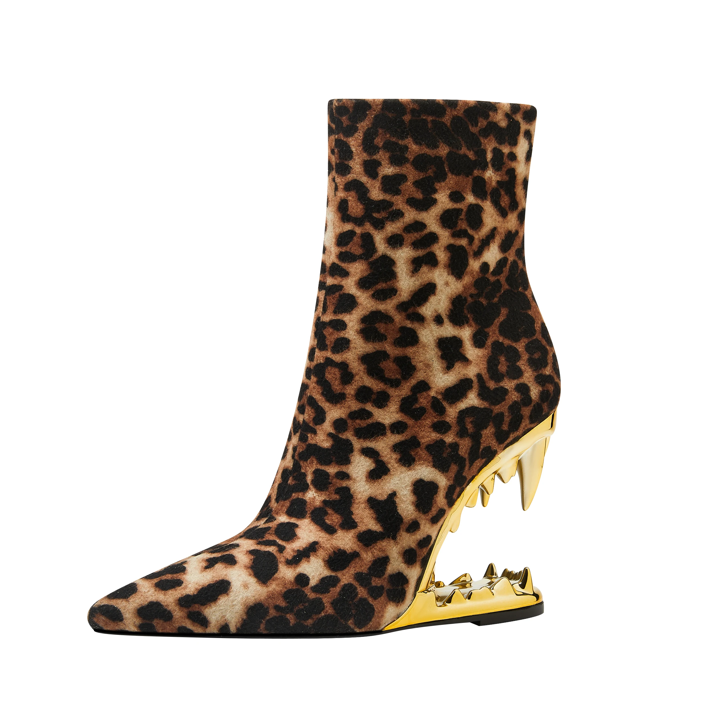 

Sexy Leopard Print Short Boots Pointed Tiger Tooth Special-Shaped Heel Heightened and Thin Chelsea Large-Size Women's Boots