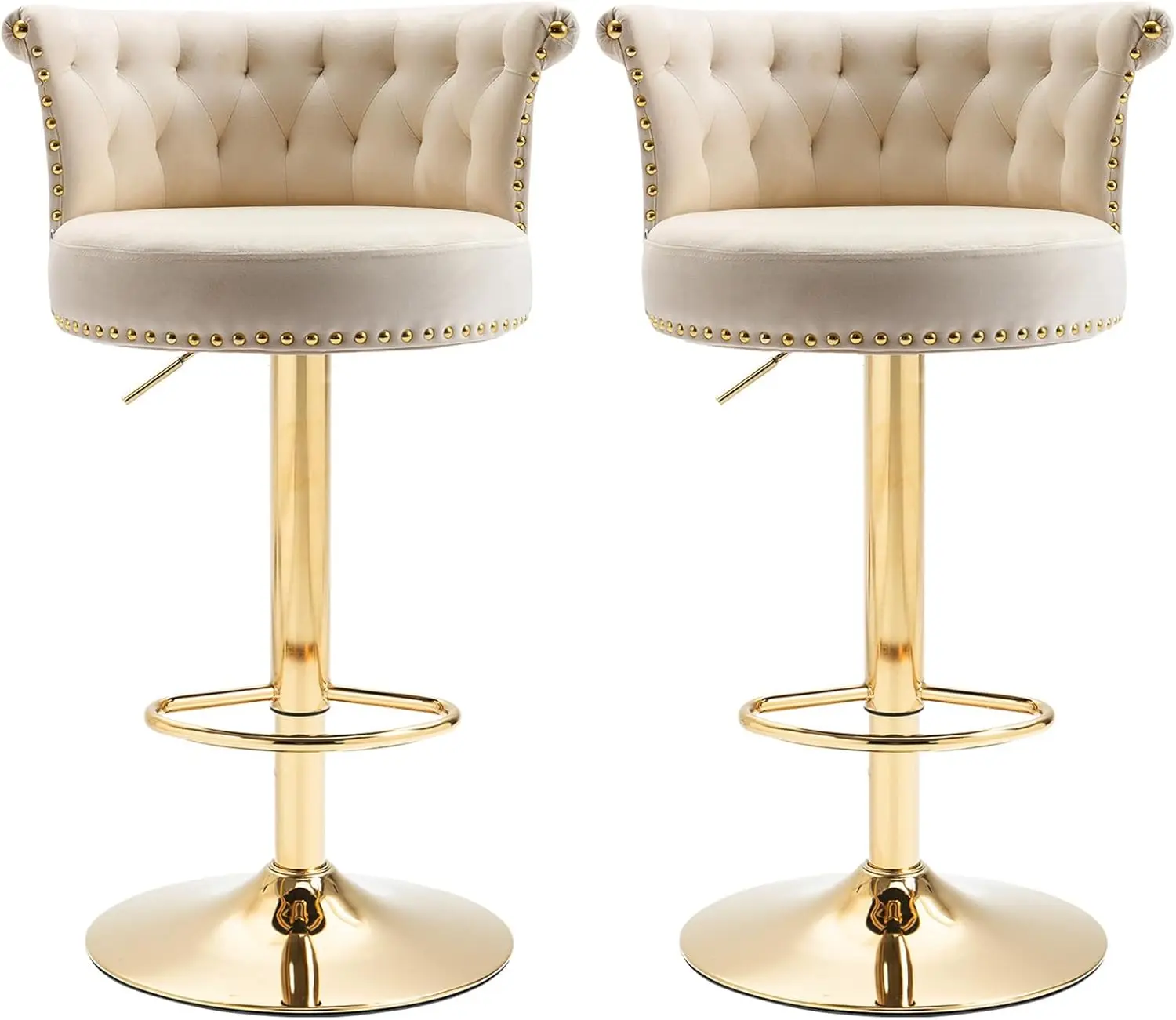 

Modern Adjustable Gold Bar Stools Set of 2 with Backs, Upholstered Tufted Velvet Kitchen Island Counter Chairs Beige