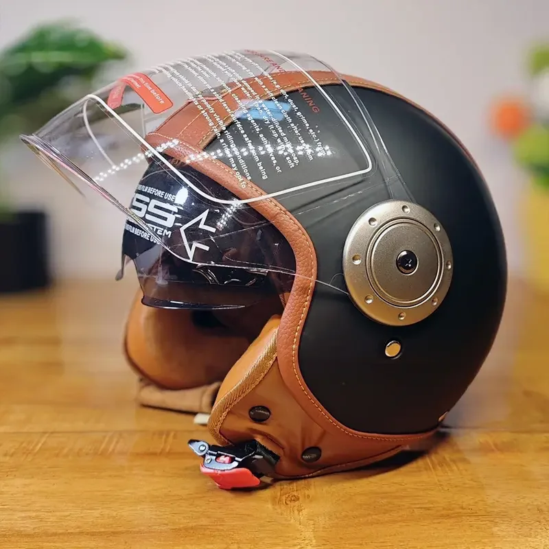 Casco de Motocicleta de Cuero Vintage con Doble Visera, Casco Abierto 3/4 con Lente Interior, Casco Retro para Moto con Certificación ECE DOT