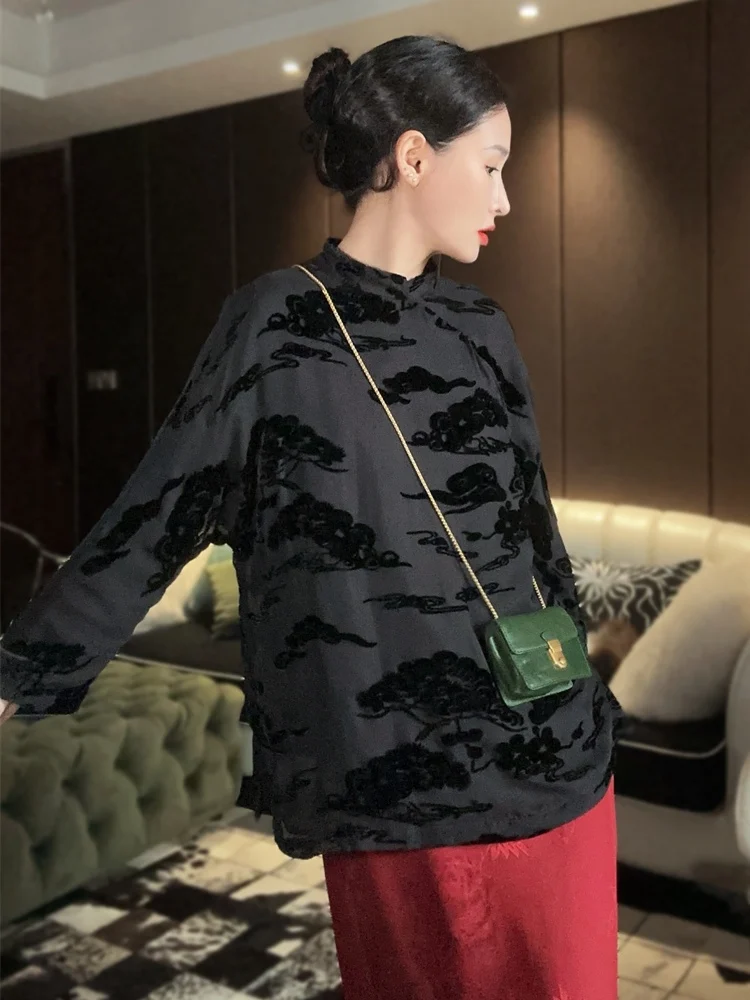 

New Chinese Sle Silk Blouse Women's Ele Vintage Side Button Loose Slimming ort irt Spring T4222 Long Sve Stand C...