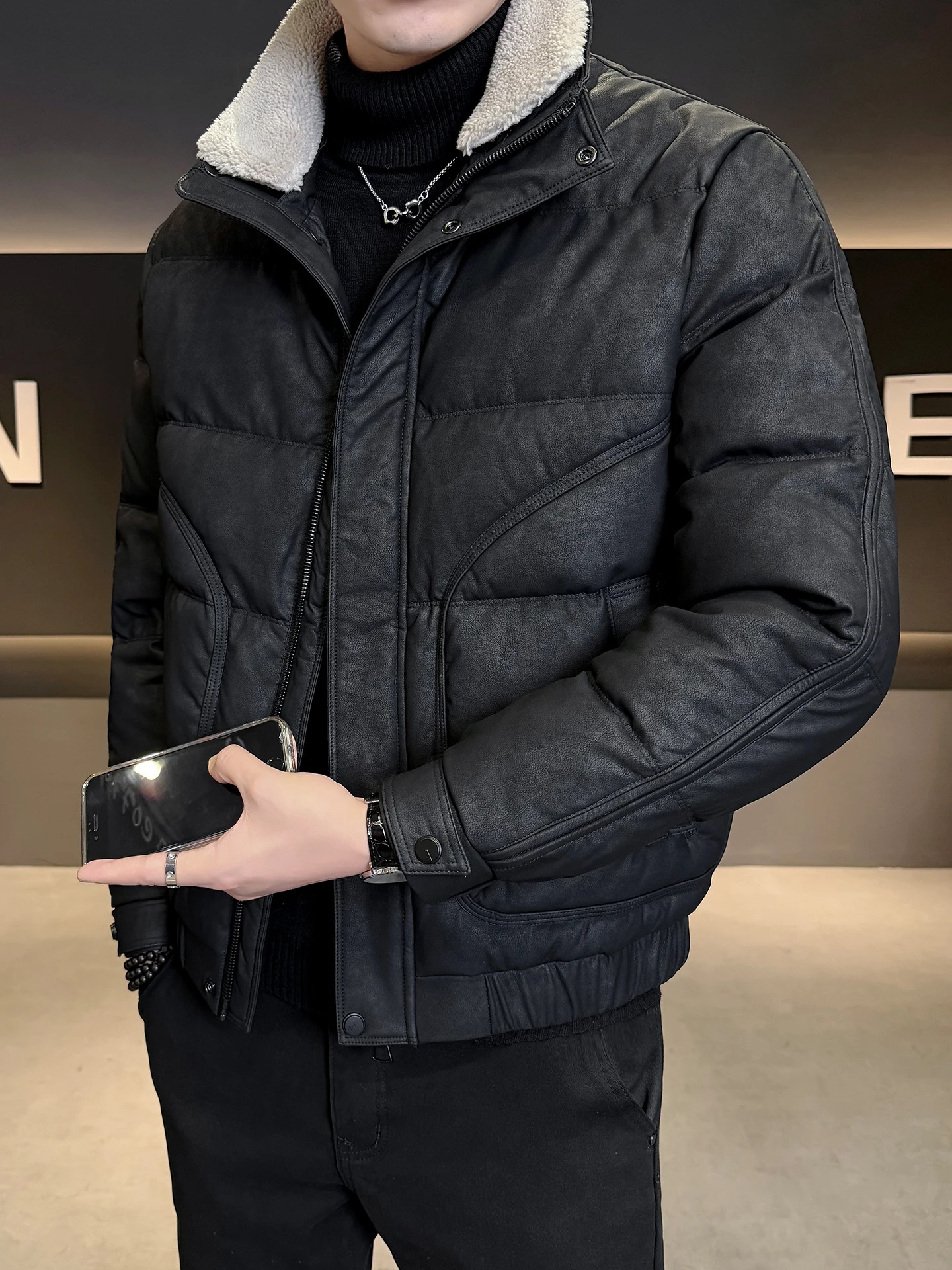 انفصال الفراء طوق الجلود أسفل Jaet الرجال الشتاء Faion العلامة التجارية 2025 جديد دافئ الرجعية ort معطف م مبطن سترة