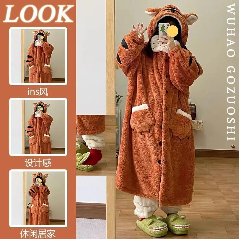 

Kawaii Tiger Animal Nightgown Women Winter Warm Bathrobe Sleepwear Anime Cosplay Pajamas Cute Cartoon Homewear Long Nightdress