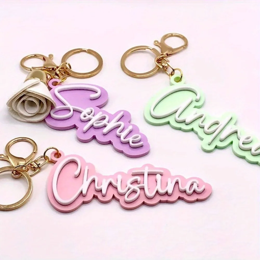 Personalized Custom Name Keychain Double Layer Acrylic Name Tag Custom Text Bag Charm Handwriting Font Key Ring Backpack Pendant