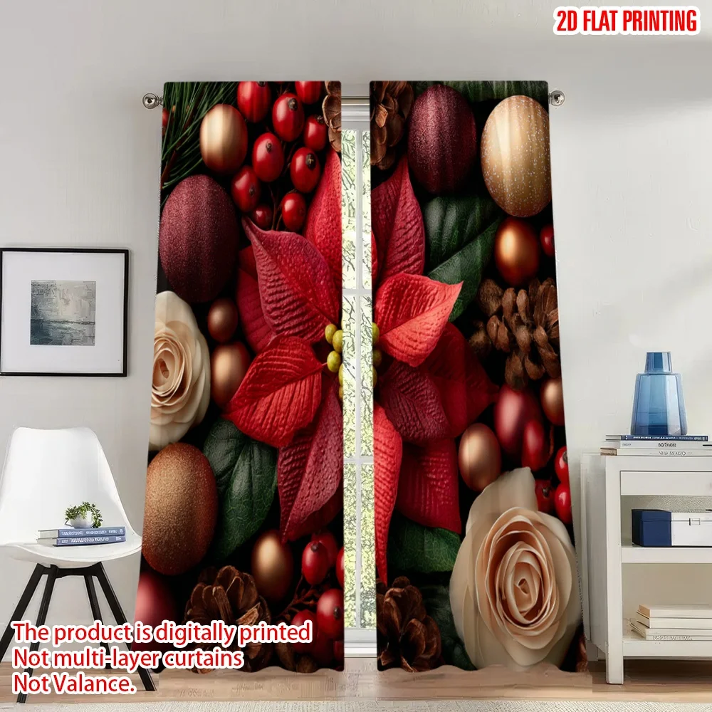 

2pcs 2D flat printing Merry Christmas Curtains Christmas Poinsettia Berries Ornaments Digital Printed Polyester Drapes Spring