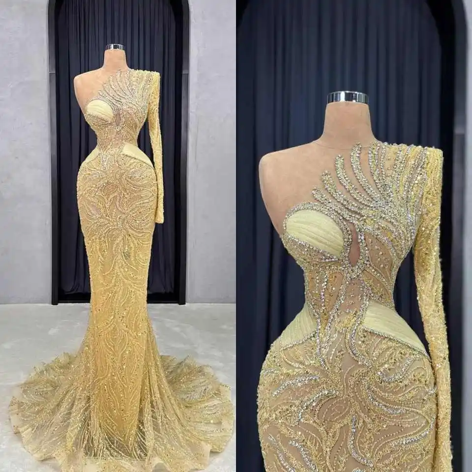 

Exquisite Mermaid Evening Dresses Jewel One Shoulder Sweep Train Prom Gowns Crystals Beaded Party Customized