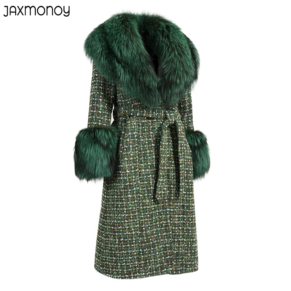 Jaxmonoy Woman's High Quality Wool Coats Winter New Style Luxury Big Real Fur Collar Outerwear Ladies Fashion Warm Trench Coat