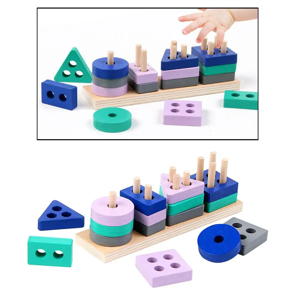 16 Pieces of Wooden Blocks Geometric Shape Puzzle Sets (multicolor)