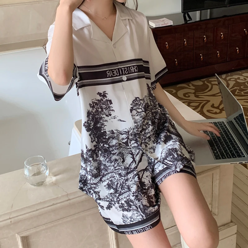 summer Women's Pajamas Set Luxury Satin Silk Pyjamas Short Sleeve Ink painting printing Sleepwear casual Home Clothes for Women image 3