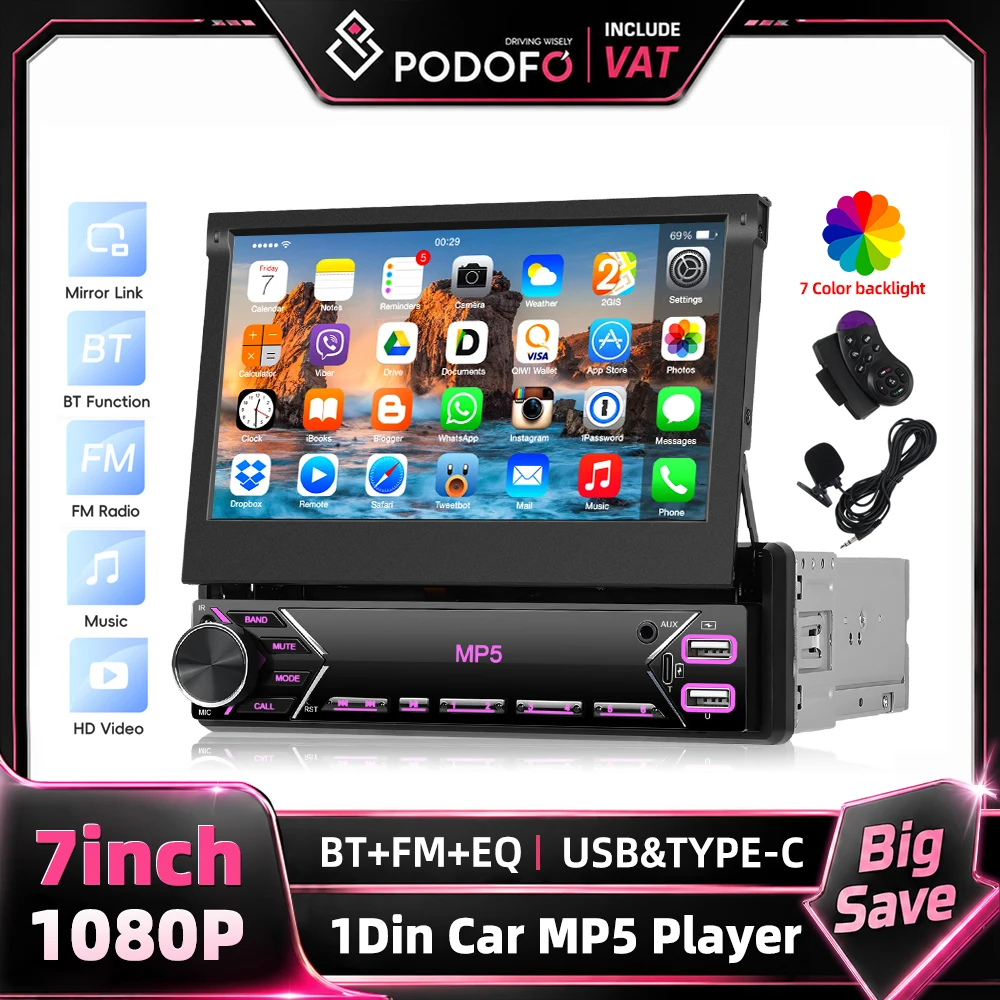 Podofo Autoradio 1Din mit ausziehbarem Bildschirm, Media-Player, kompatibel mit Mirror Link, Bluetooth, FM-Radio, EQ-Anpassung, ausgestattet mit USB- und Typ-C-Eingangsanschlüssen.