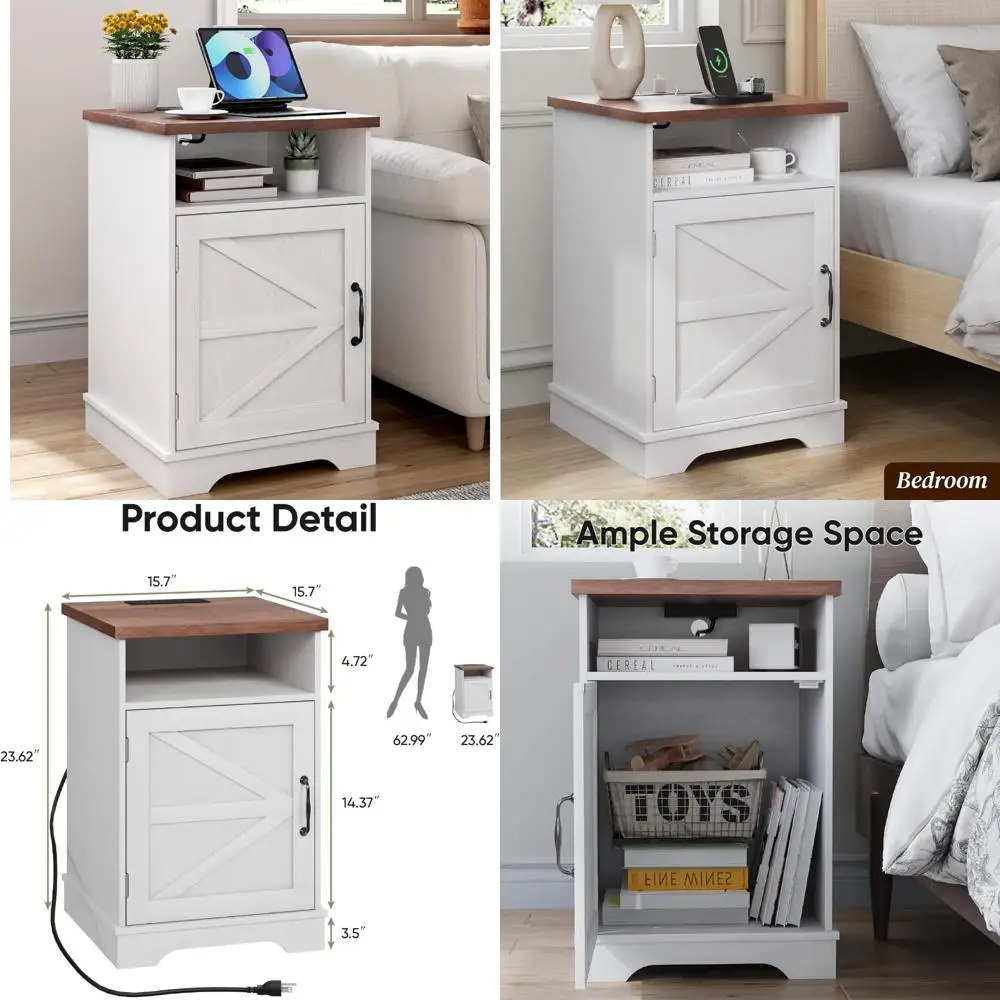 منضدة ريفي للمزرعة مع قاعدة شحن وتخزين، وطاولة بجانب السرير من خشب الجوز