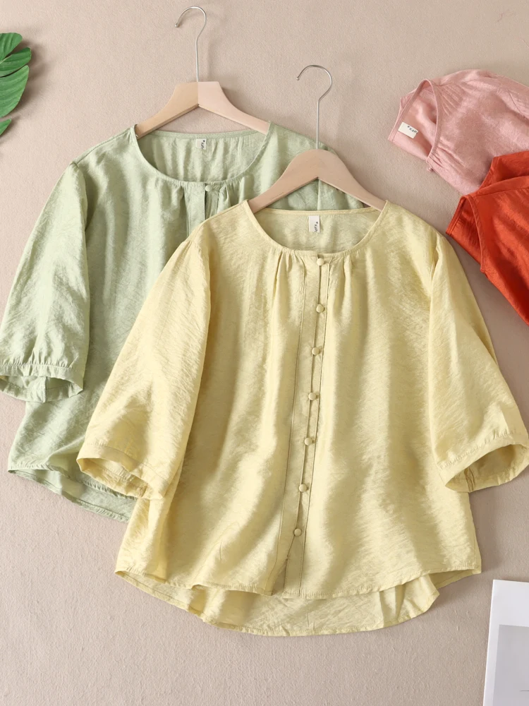 

Lightweight Slimming Ele Simple Single Button Silk Linen Women's Summer irt Clear Cool Seven Sve Tops X660