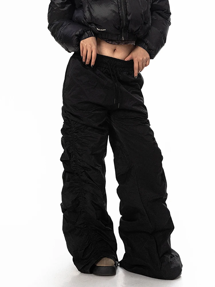 RORORIRI レトロ黒巾着カジュアルワイドパンツ女性弾性ウエスト固体シャーリング速乾性スウェットパンツハイストリート服