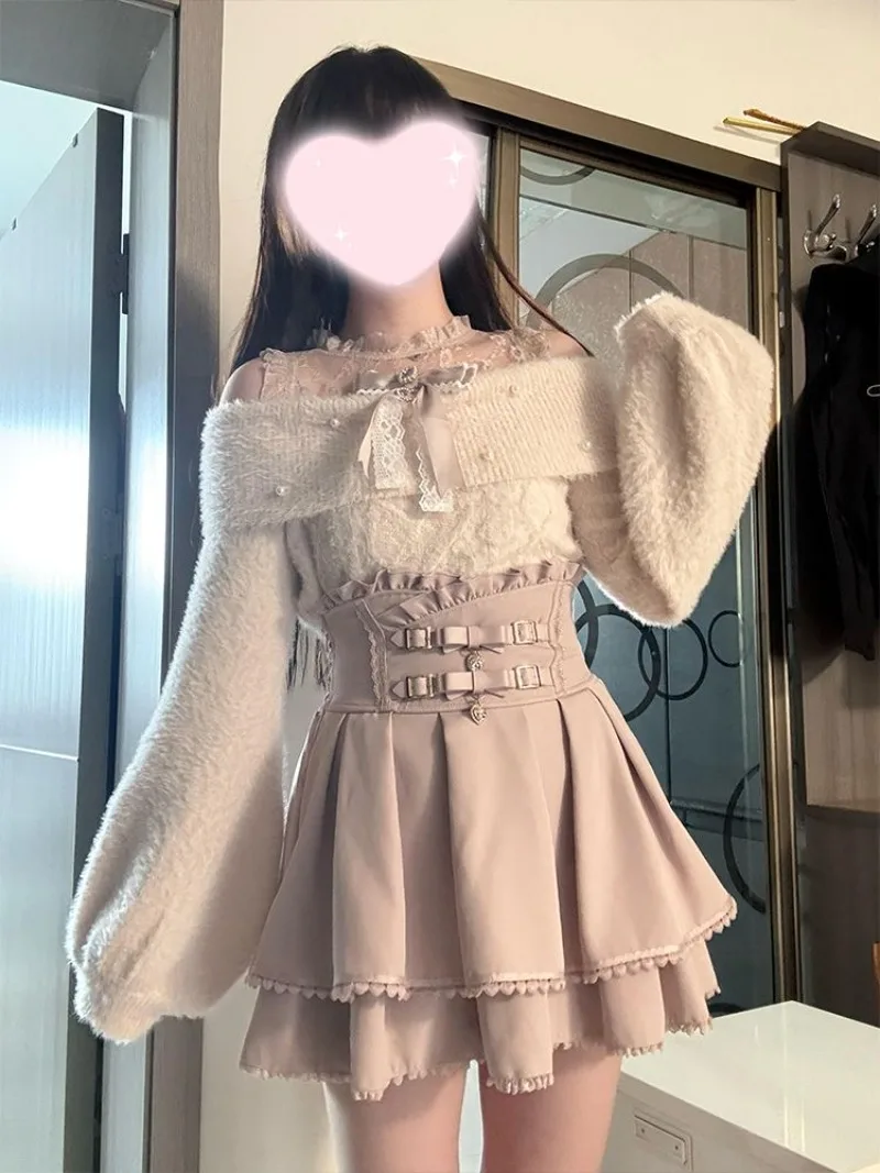 Japanese Style Sweet Lolita Off The Shoulder Sweater+Pink High Waist Skirt Sets Autumn/Winter New Cute Kawaii Clothing for Girls - view 2