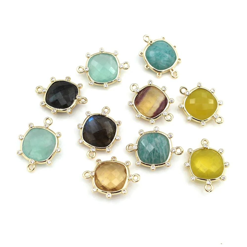 10pcs Square Faceted Blue Amazonite Stone CZ Pendant Labradorite 2 Loops Connector Charms Jewelry Accessories Findings DIY