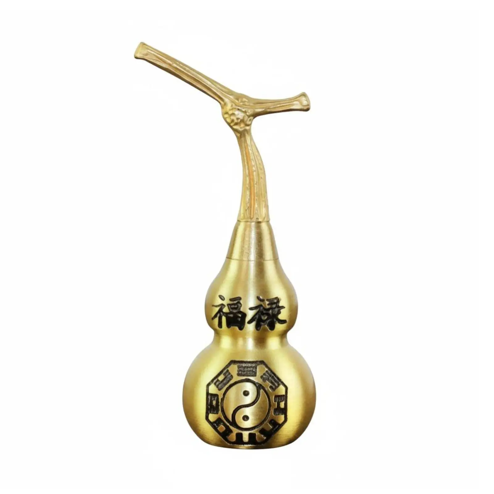 Antique Brass Calabash Gourd Statue for Desk Living Room Entryway with Yin Yang Charms and Lid