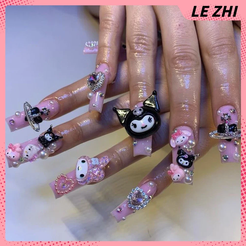 Xl Square 10Pcs Y2K Handmade Press On Nails Hello Kitty Ballet Fashion Girls Flower Bow Love Diamond Party Sticker Fake Nails