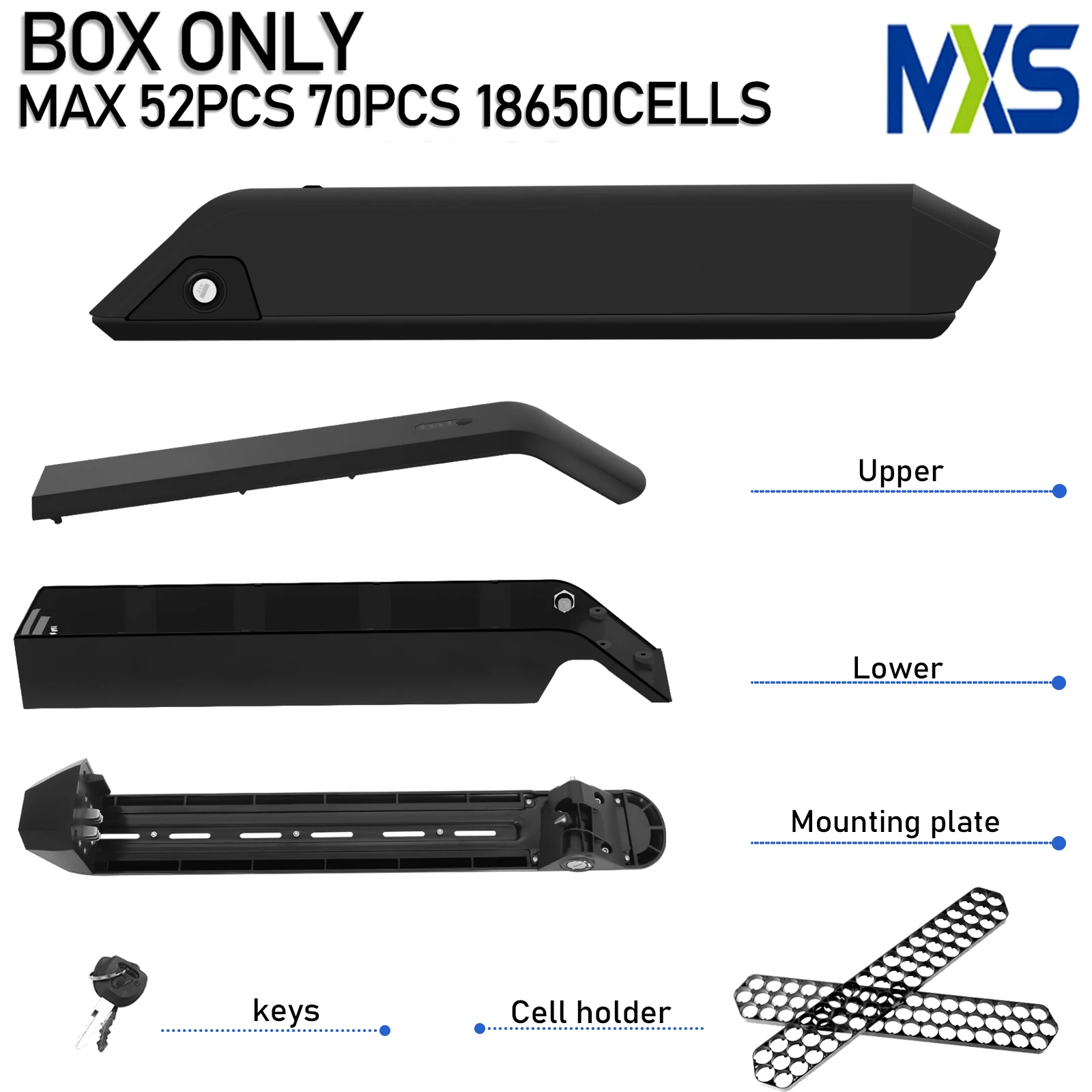 MAX  52pcs 70pcs 18650 cells Side Open Release Electric Bike Battery Case Ebike Battery Box 36v 48v 52v with Cells Holder