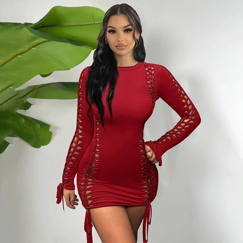 CUTENOVA 2024 Spring Long Sleeve Solid Color Mini Dress Weave Hole Sexy Ribbon Dress