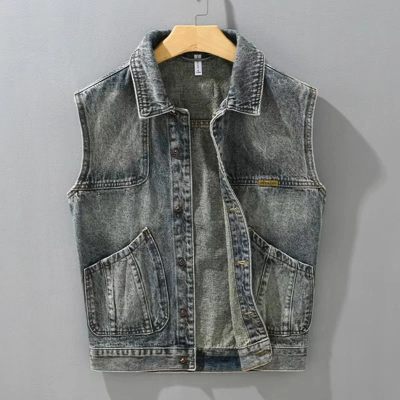 

Мужская рабочая одежда в американском стиле ретро, джинсовый жилет, весенне-осенняя верхняя одежда, джинсы с подплечниками, большие размеры, украшенные пуговицами, джинсы на талии