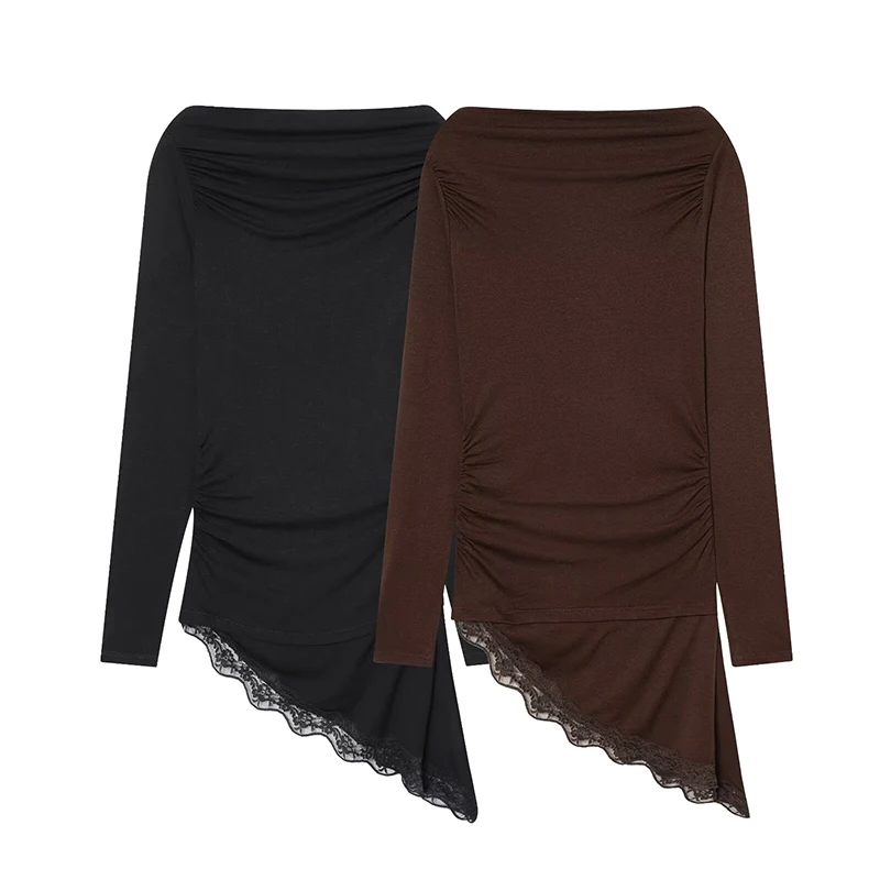 Women's T-Shirts Spring Autumn Fashion Lace Hem T Shirts for Women Asymmetry Streetwear Long Sleeve Slim Casual Tops