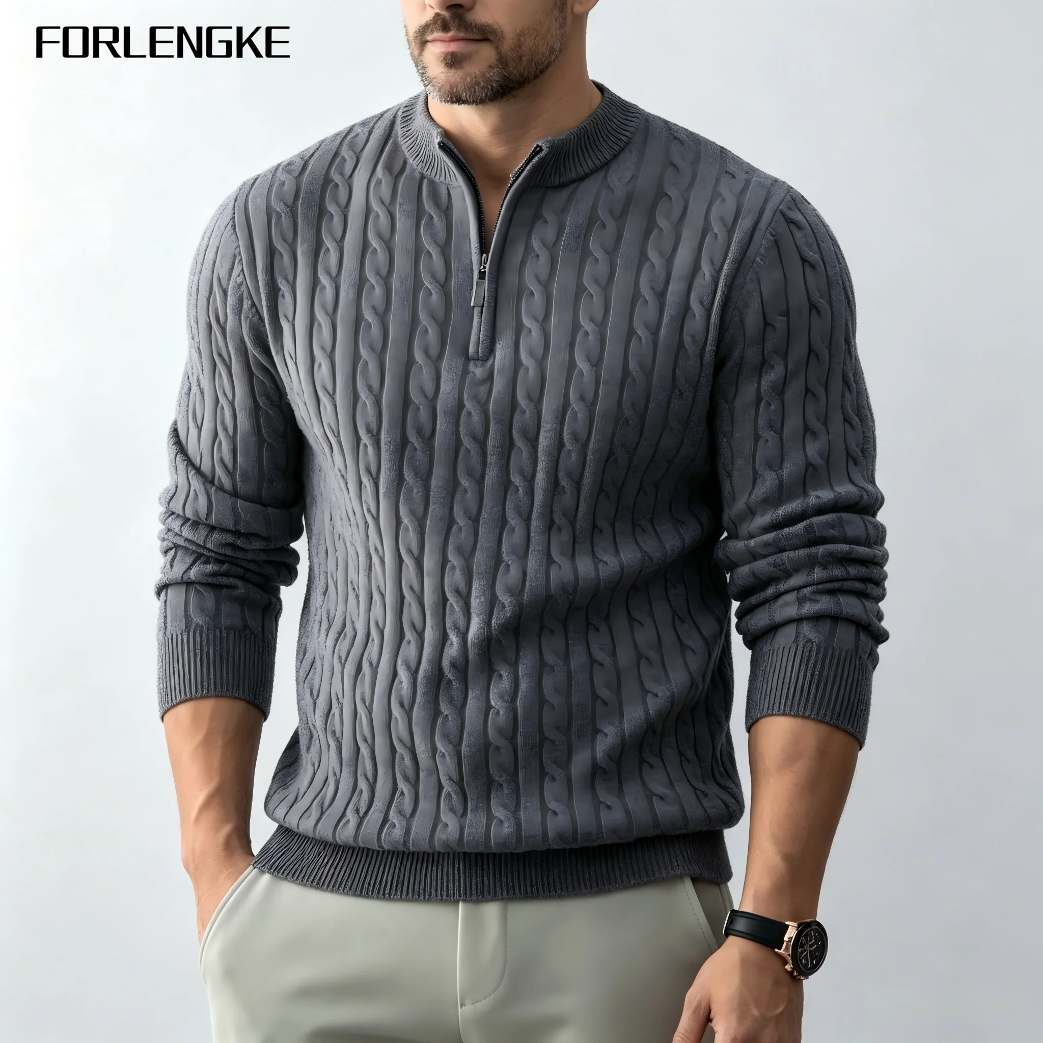 FORLENGKE Herren Business Casual Halbzip-Pullover mit Stehkragen, Weicher Warmer Acryl-Langarm-Pullover für Herbst und Winter – Detail 5
