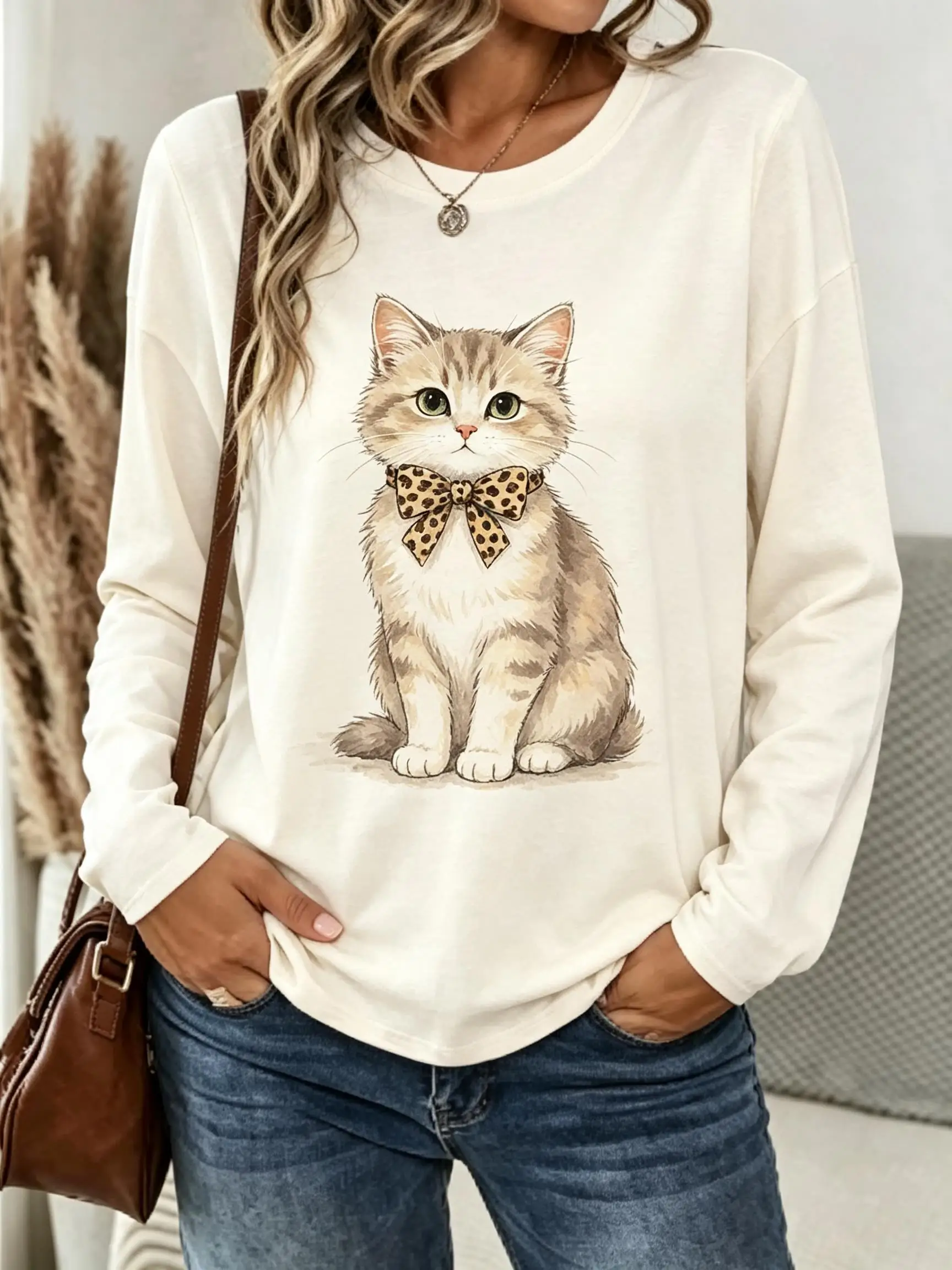 Women Long Sleeve Tee Top Sitting Tabby Cat Leopard Bow Print Autumn Fashion Casual Round Neck Sweatshirt Women's Clothes