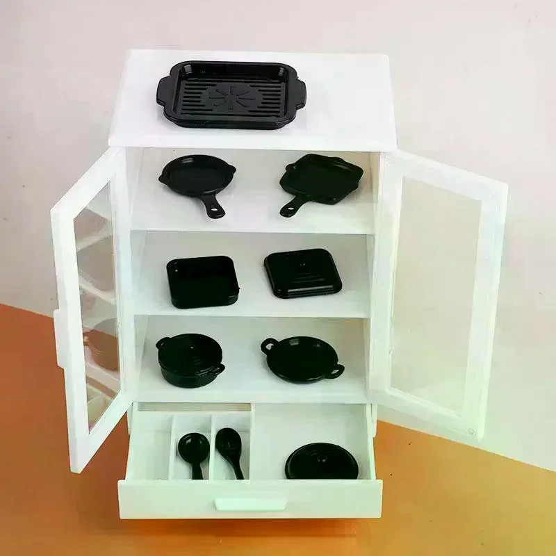 1 Conjunto 1:12 Miniatura de Comida para Brincadeira de Faz de Conta, Acessórios de Mobiliário para Casa de Bonecas, Kit de Brinquedo de Cozinha, Miniatura de Panelas de Arroz e Armário