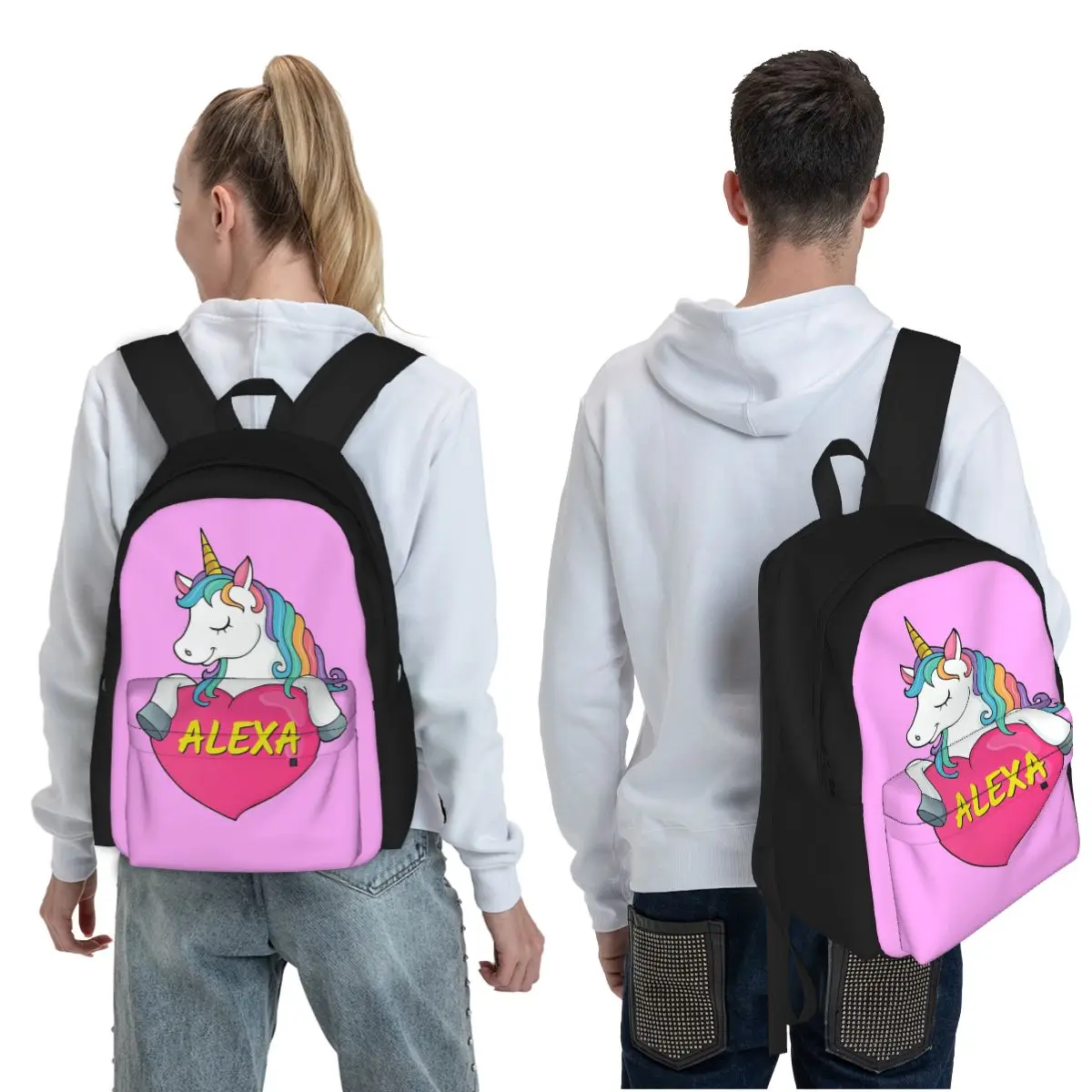 Alexa Personalized Cute Unicorn Heart Student Backpack School Bag Hiking Travel Daypack Boys Girls Fashion Bookbag Shoulder Bags