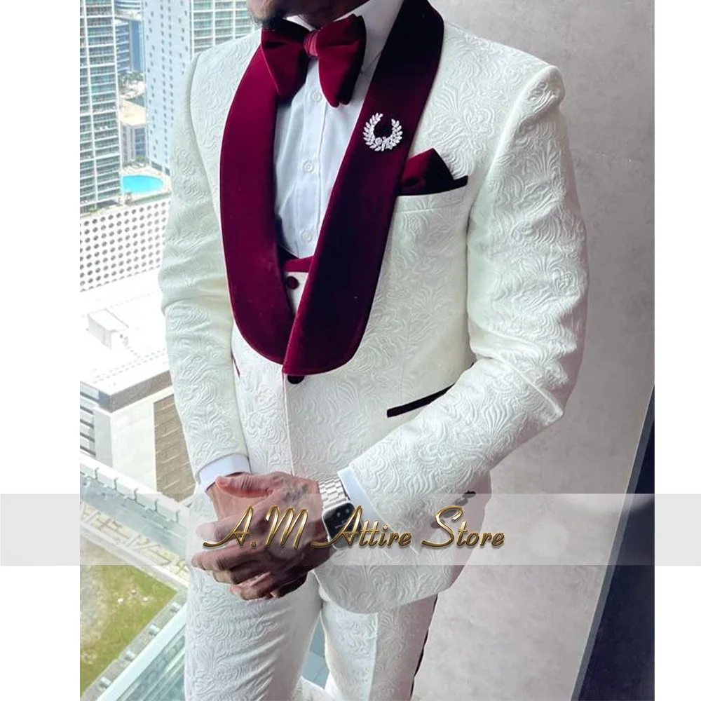 

Haute Couture Men's 3-Piece Set Wine Red Velvet Shawl Lapel White Jacket Vest Pants Tailored Fit for Wedding Groom Dinner Party