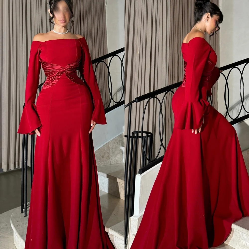 

Customized Classic Off the Shoulder Long Sleeves Evening Dress Fashion Burgundy Prom Dresses Temperament Special Occasion Gowns